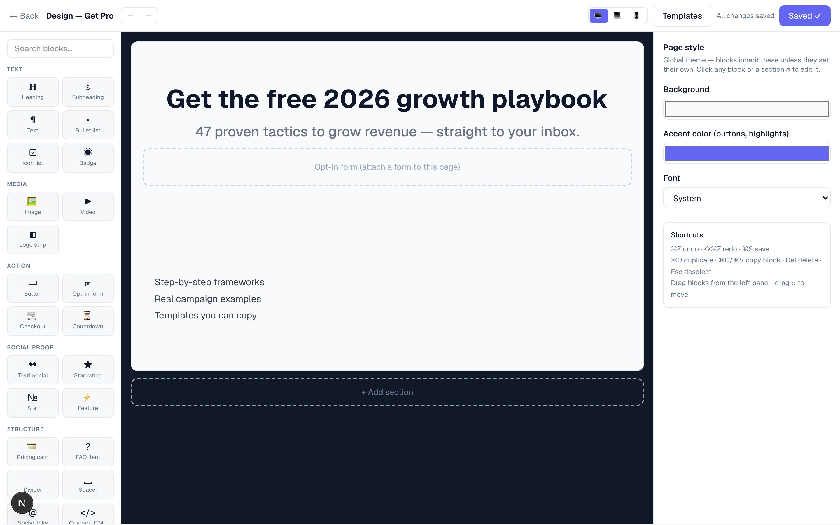 Abasa page builder with inline editing and block palette