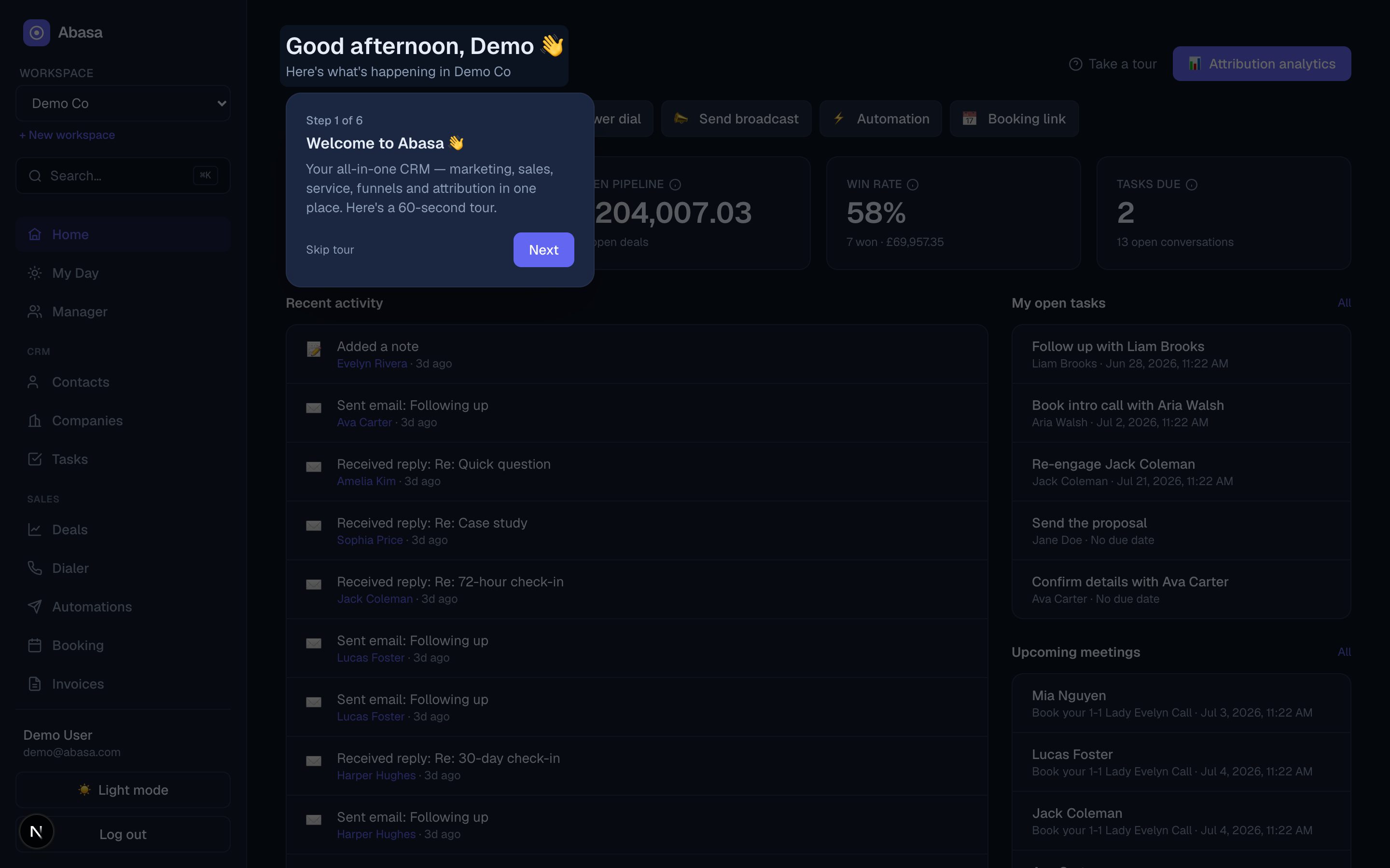The Abasa dashboard — pipeline, win rate, tasks and activity on one screen
