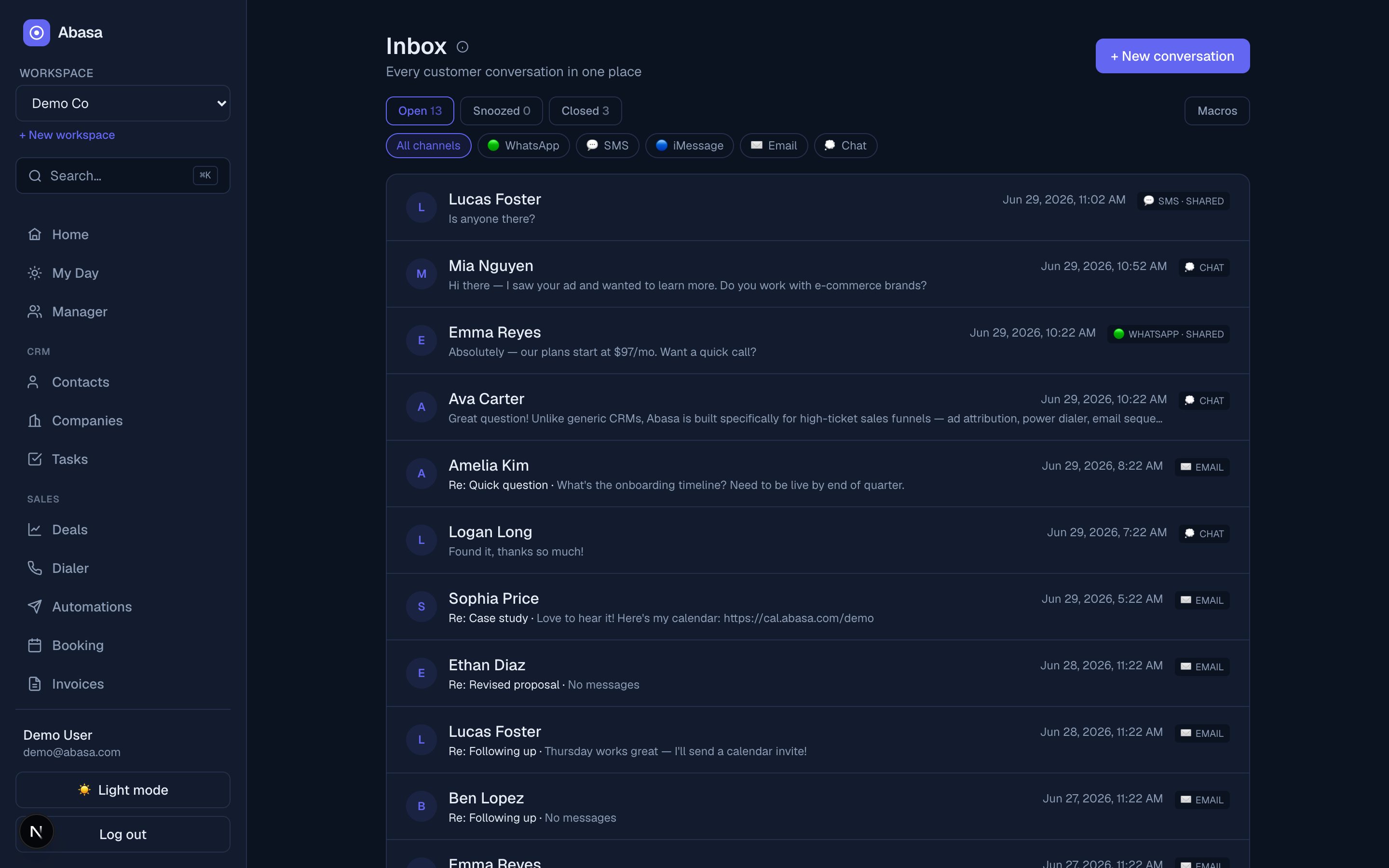 Abasa unified inbox with WhatsApp, SMS and email threads