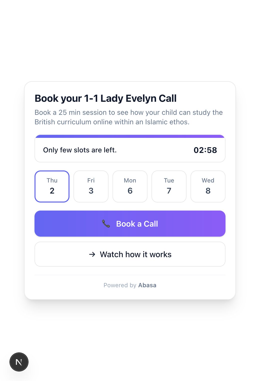 Abasa embeddable booking widget with scarcity countdown